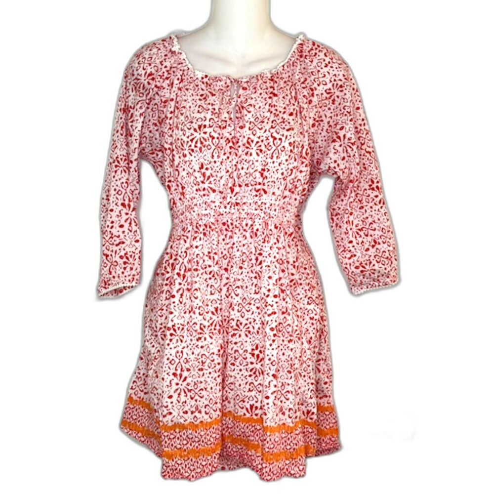 ATHLETA ORANGE & WHTIE "PRINTED CALICO" TUNIC DRESS SIZE MEDIUM